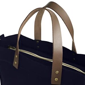 Tag&Crew Brooklyn Tote Canvas Bag with Leather Handles, Zippered Flap, 3 Pockets, Adjustable Shoulder Strap, Antique Brass Clips - Navy Blue