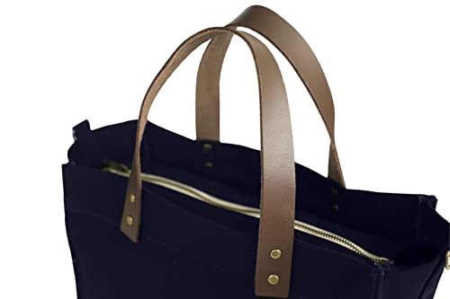 Tag&Crew Brooklyn Tote Canvas Bag with Leather Handles, Zippered Flap, 3 Pockets, Adjustable Shoulder Strap, Antique Brass Clips - Navy Blue