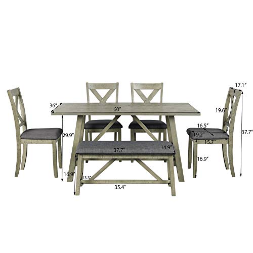 6 Piece Dining Table Set, Wooden Rectangular Kitchen Table and 4 Dining Chairs with Cushions and 1 Bench with Cushion, Wooden Kitchen Dining Room Table Set for 6, Rustic Gray