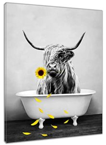 lb highland cow canvas wall art decor western wild animal with yellow sunflower artwork picture abstract painting for bedroom living room bathroom office home decor framed ready to hang, 12×16 inches
