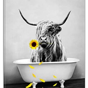 LB Highland Cow Canvas Wall Art Decor Western Wild Animal With Yellow Sunflower Artwork Picture Abstract Painting for Bedroom Living Room Bathroom Office Home Decor Framed Ready to Hang, 12x16 Inches