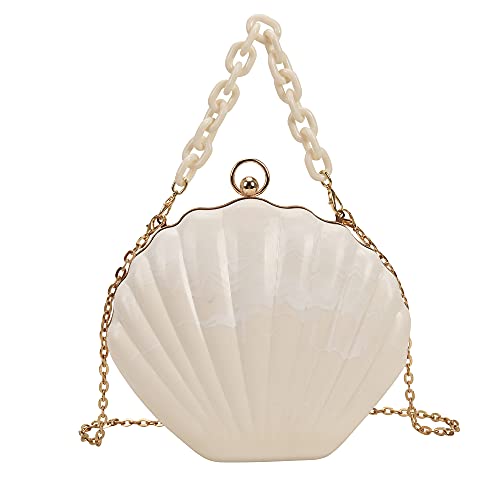 Women Seashell Evening Bag Purse Mermaid Chain Strap Clutch Handbag Shoulder Bag (Marble-White)