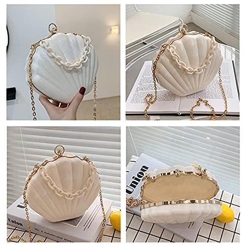 Women Seashell Evening Bag Purse Mermaid Chain Strap Clutch Handbag Shoulder Bag (Marble-White)