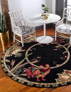 unique loom barnyard collection french country inspired cottage rooster design area rug (5′ 0 x 5′ 0 round, black/ivory)