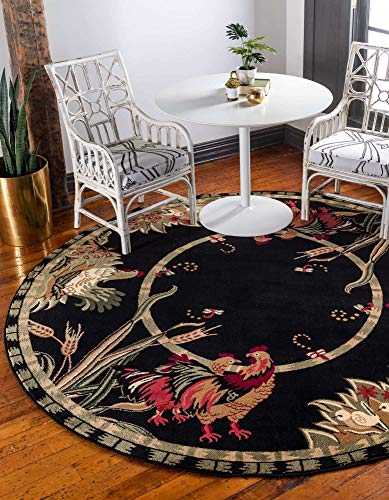 Unique Loom Barnyard Collection French Country Inspired Cottage Rooster Design Area Rug (5' 0 x 5' 0 Round, Black/Ivory)