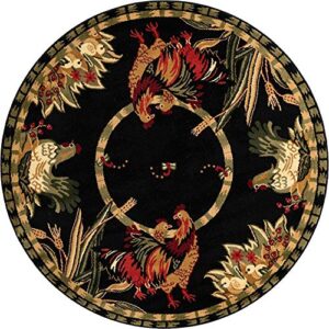 Unique Loom Barnyard Collection French Country Inspired Cottage Rooster Design Area Rug (5' 0 x 5' 0 Round, Black/Ivory)