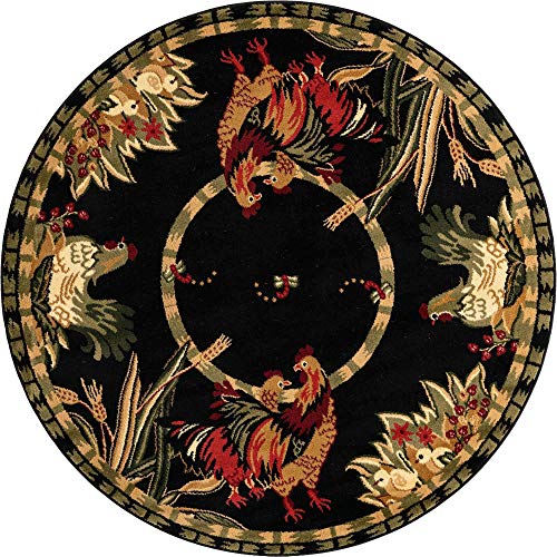 Unique Loom Barnyard Collection French Country Inspired Cottage Rooster Design Area Rug (5' 0 x 5' 0 Round, Black/Ivory)