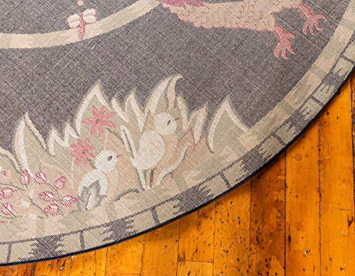 Unique Loom Barnyard Collection French Country Inspired Cottage Rooster Design Area Rug (5' 0 x 5' 0 Round, Black/Ivory)