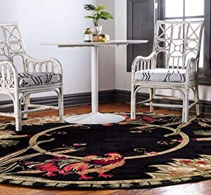 Unique Loom Barnyard Collection French Country Inspired Cottage Rooster Design Area Rug (5' 0 x 5' 0 Round, Black/Ivory)