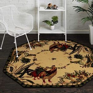 unique loom barnyard collection french country inspired cottage rooster design area rug (5′ 0 x 5′ 0 octagon, ivory/olive)