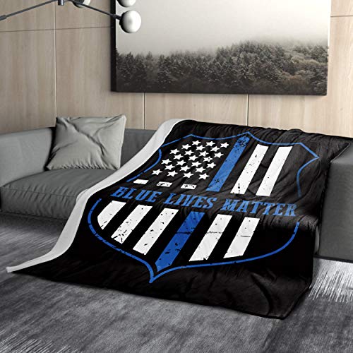 Granbey Blue Lives Matter Blankets 50 x 60 inche Support Police Badge USA American Flag Cozy Flannel Blanket Patriotic Blue Line American Police Blanket for Bedroom Sofa Throw Blanket for All Season