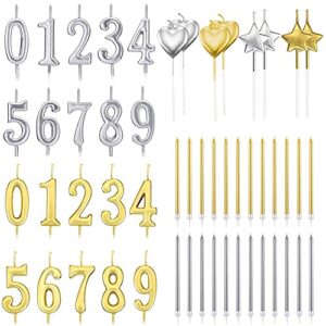 52pcs birthday numeral candles set, fulandl 20pcs number 0-9 glitter cake topper decoration with 32pcs long, star, heart birthday candles (gold and silver )