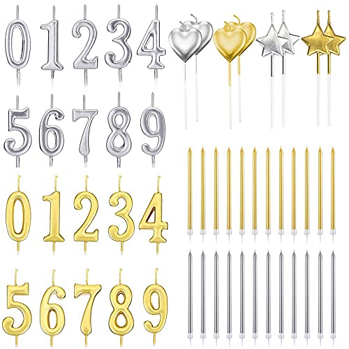 52Pcs Birthday Numeral Candles Set, FULANDL 20Pcs Number 0-9 Glitter Cake Topper Decoration with 32Pcs Long, Star, Heart Birthday Candles (Gold and Silver )