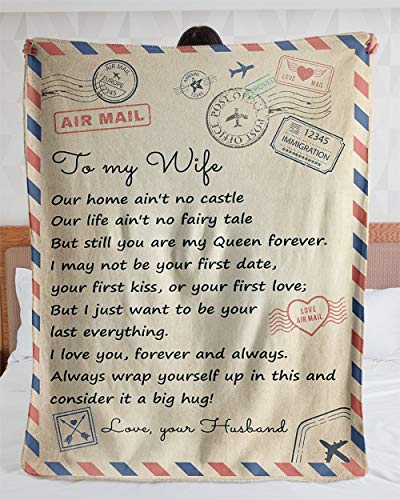 Blanket Personalized Love Mail Letter to Wife My Queen Forever from Husband- Fleece Blankets- Gifts for Wife Cozy Plush Fleece Blanket Size 60x80 inch On Christmas, Birthday, Holiday