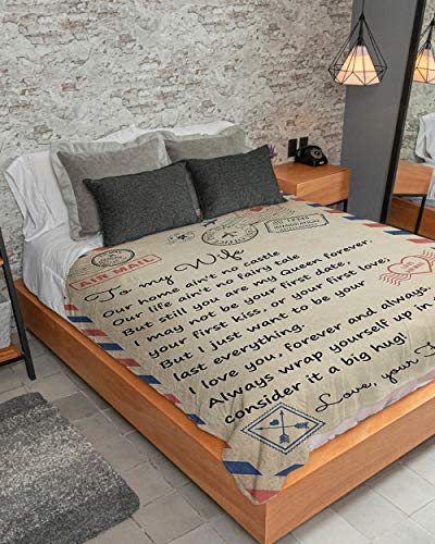 Blanket Personalized Love Mail Letter to Wife My Queen Forever from Husband- Fleece Blankets- Gifts for Wife Cozy Plush Fleece Blanket Size 60x80 inch On Christmas, Birthday, Holiday