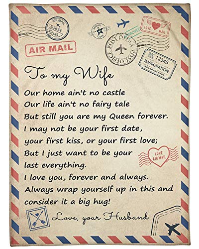 Blanket Personalized Love Mail Letter to Wife My Queen Forever from Husband- Fleece Blankets- Gifts for Wife Cozy Plush Fleece Blanket Size 60x80 inch On Christmas, Birthday, Holiday