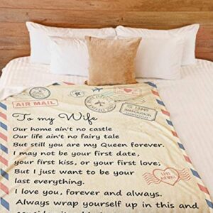 Blanket Personalized Love Mail Letter to Wife My Queen Forever from Husband- Fleece Blankets- Gifts for Wife Cozy Plush Fleece Blanket Size 60x80 inch On Christmas, Birthday, Holiday