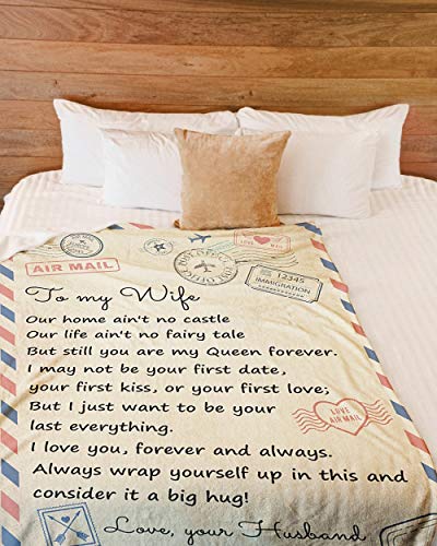 Blanket Personalized Love Mail Letter to Wife My Queen Forever from Husband- Fleece Blankets- Gifts for Wife Cozy Plush Fleece Blanket Size 60x80 inch On Christmas, Birthday, Holiday