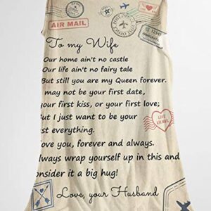 Blanket Personalized Love Mail Letter to Wife My Queen Forever from Husband- Fleece Blankets- Gifts for Wife Cozy Plush Fleece Blanket Size 60x80 inch On Christmas, Birthday, Holiday