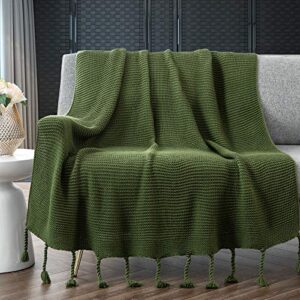 rudong m knitted throw blanket with fringe, forest green knit throw blanket for couch bed sofa 50″ x 60″
