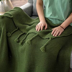 RUDONG M Knitted Throw Blanket with Fringe, Forest Green Knit Throw Blanket for Couch Bed Sofa 50" x 60"