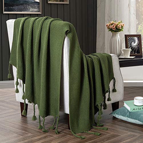 RUDONG M Knitted Throw Blanket with Fringe, Forest Green Knit Throw Blanket for Couch Bed Sofa 50" x 60"