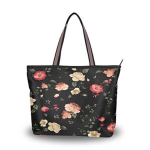 qmxo floral flower rose leaves handbags and purse for women tote bag large capacity top handle shopper shoulder bag