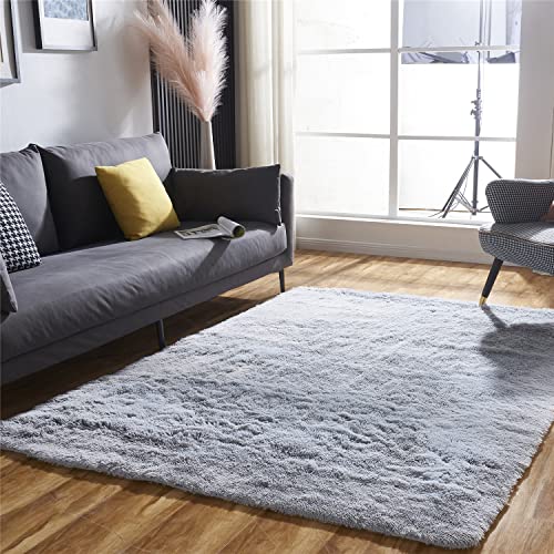 Area Rugs for Bedroom Living Room, 5ft x 7ft Light Gray Fluffy Carpet for Teens Room, Shaggy Throw Rug Clearance for Nursery Room, Fuzzy Plush Rug for Dorm