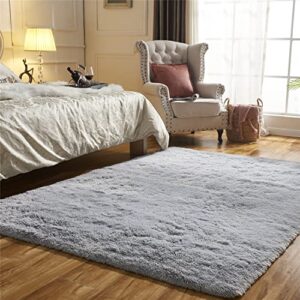 Area Rugs for Bedroom Living Room, 5ft x 7ft Light Gray Fluffy Carpet for Teens Room, Shaggy Throw Rug Clearance for Nursery Room, Fuzzy Plush Rug for Dorm