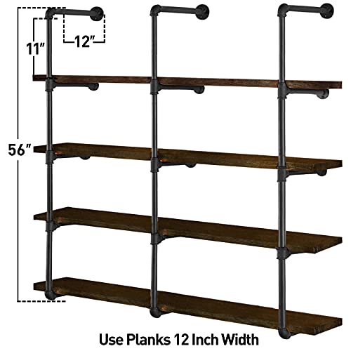 HITOMEN Industrial Iron Pipe Shelves Shelf Brackets Black Vintage Retro Shelving Wall Mounted DIY Open Bookshelf Rustic Farmhouse Pantry Kitchen Storage (3Pcs 5 Tier, 56" Tall 12" Deep, Hardware Only)