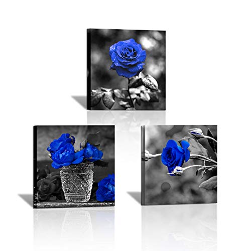 SkenoArt 3 Panels Blue Rose Canvas Wall Art Black and White Flowers Painting Royal Blue Floral Picture Ready to Hang for Bathroom Bedroom Kitchen Wall Decor 12"x16"x3PCS