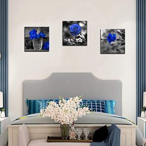 SkenoArt 3 Panels Blue Rose Canvas Wall Art Black and White Flowers Painting Royal Blue Floral Picture Ready to Hang for Bathroom Bedroom Kitchen Wall Decor 12"x16"x3PCS