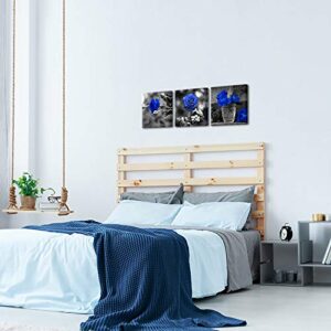 SkenoArt 3 Panels Blue Rose Canvas Wall Art Black and White Flowers Painting Royal Blue Floral Picture Ready to Hang for Bathroom Bedroom Kitchen Wall Decor 12"x16"x3PCS