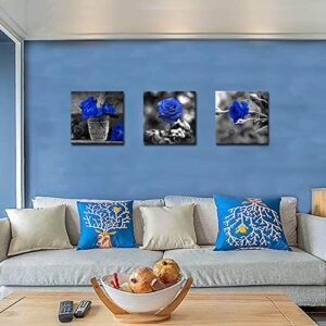 SkenoArt 3 Panels Blue Rose Canvas Wall Art Black and White Flowers Painting Royal Blue Floral Picture Ready to Hang for Bathroom Bedroom Kitchen Wall Decor 12"x16"x3PCS