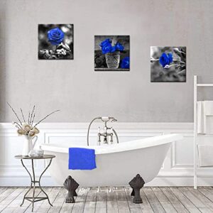 SkenoArt 3 Panels Blue Rose Canvas Wall Art Black and White Flowers Painting Royal Blue Floral Picture Ready to Hang for Bathroom Bedroom Kitchen Wall Decor 12"x16"x3PCS