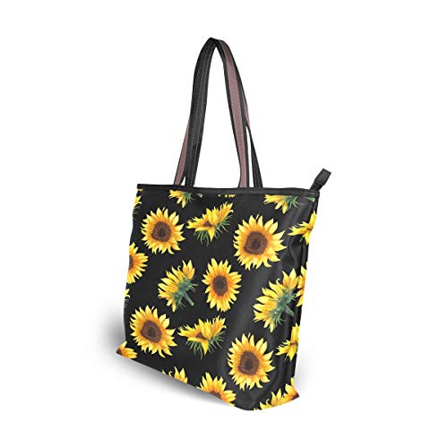 QMXO Summer Flowers Sunflowers Black Handbags and Purse for Women Tote Bag Large Capacity Top Handle Shopper Shoulder Bag