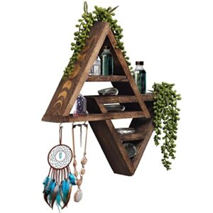 fm moon phase triangle shelf with hooks – moon shelf for crystal display – jewelry hanger key holder – aesthetic room – boho moon decor – farmhouse wall decor (small, dark brown)