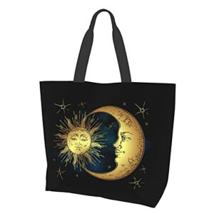 Boho Sun Moon Stars Tote Shoulder Bags Handbags Tote Bags Zipper Shopper Bag Canvas Tote Bag For Women