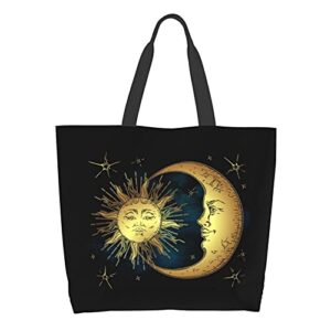 Boho Sun Moon Stars Tote Shoulder Bags Handbags Tote Bags Zipper Shopper Bag Canvas Tote Bag For Women