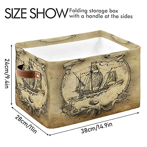 Vintage Sea Octopus Nautical Sailboat Storage Bin with Handle Foldable Canvas Storage Basket Box Cube Organizer for Bedroom Home Office Closet Shelve Clothes Toy,1PC