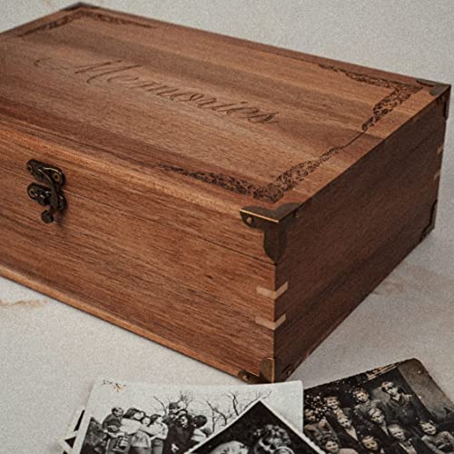 Lignotie Memory Keepsake Box - Large Wooden Box with Hinged Lid - Rustic Decorative Wood Storage Box with Chamois Leather Lining