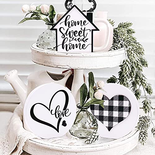 Huray Rayho Home Sweet Home Tiered Tray Decor Buffalo Plaid Heart Mini 3D Wood Signs Farmhouse Love Round Sign Rustic Kitchen Bathroom Decorations 3 Signs