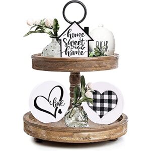 Huray Rayho Home Sweet Home Tiered Tray Decor Buffalo Plaid Heart Mini 3D Wood Signs Farmhouse Love Round Sign Rustic Kitchen Bathroom Decorations 3 Signs
