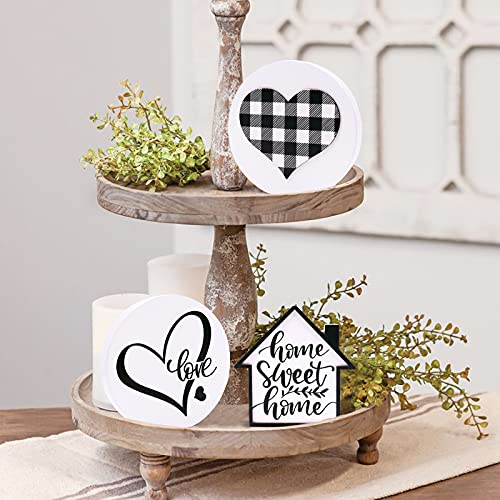 Huray Rayho Home Sweet Home Tiered Tray Decor Buffalo Plaid Heart Mini 3D Wood Signs Farmhouse Love Round Sign Rustic Kitchen Bathroom Decorations 3 Signs