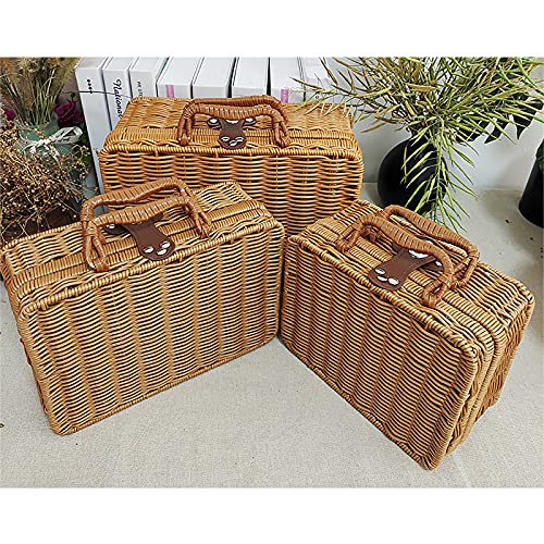 MISNODE Rattan suitcase, Rattan Storage Basket Makeup Organizer, Vintage Rattan Handbag, Straw Storage Box with Handles, Leather Strap Metal Lock Retro Suitcase Prop Box, Artificial Woven Organizer, L