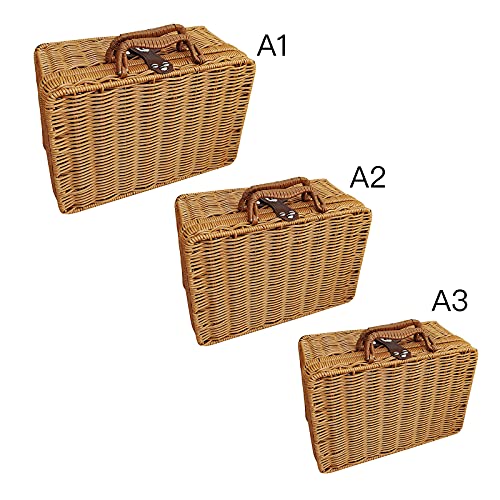 MISNODE Rattan suitcase, Rattan Storage Basket Makeup Organizer, Vintage Rattan Handbag, Straw Storage Box with Handles, Leather Strap Metal Lock Retro Suitcase Prop Box, Artificial Woven Organizer, L