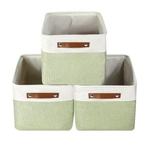 lucky monet 3pcs foldable fabric storage bin set collapsible cotton linen storage basket cube closet organizer box w/faux leather handles (green & white)