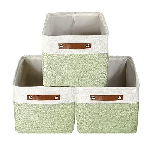 Lucky Monet 3PCS Foldable Fabric Storage Bin Set Collapsible Cotton Linen Storage Basket Cube Closet Organizer Box w/Faux Leather Handles (Green & White)