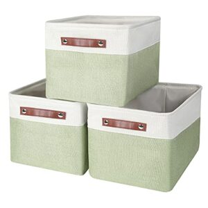 Lucky Monet 3PCS Foldable Fabric Storage Bin Set Collapsible Cotton Linen Storage Basket Cube Closet Organizer Box w/Faux Leather Handles (Green & White)