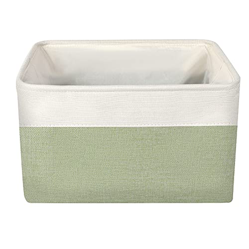 Lucky Monet 3PCS Foldable Fabric Storage Bin Set Collapsible Cotton Linen Storage Basket Cube Closet Organizer Box w/Faux Leather Handles (Green & White)